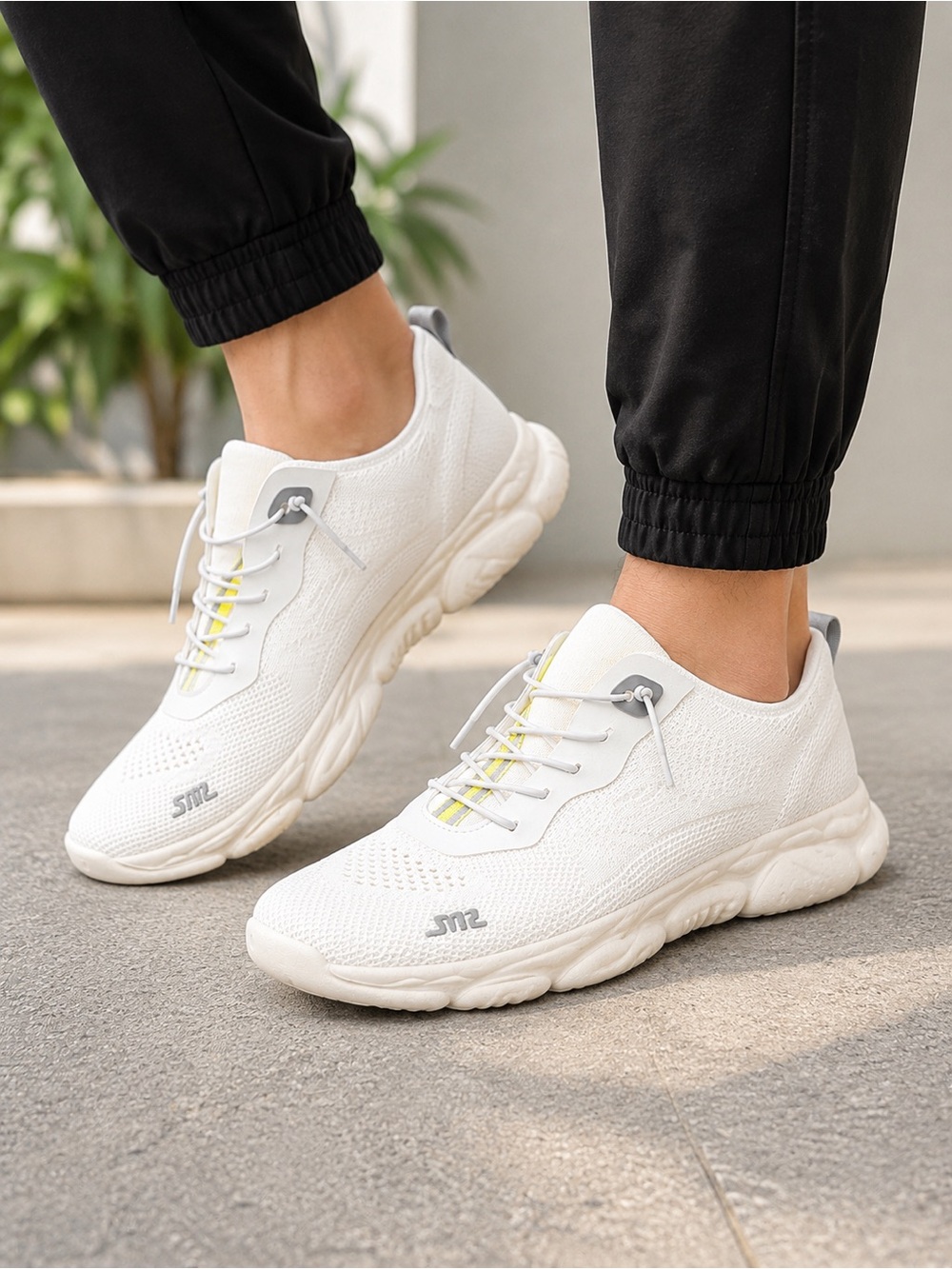 White Knit Athletic Sneakers with Neon Yellow Accent - Size 8.5